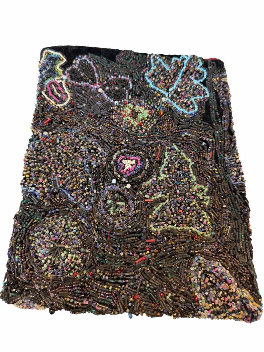 Vintage Clutch Bag Womens Small Black Beaded Multicolor Abstract Red Lining